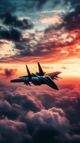 Stealth jet slices through blazing sunset storm clouds