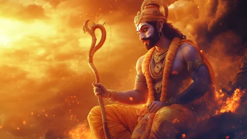 Mythic warrior meditates in blazing golden stormfield.