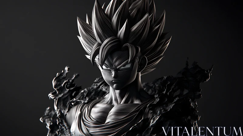 Monochrome anime warrior rendered as high contrast 3D bust