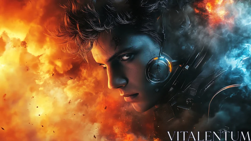 Fireborn cyber pilot between blazing chaos and cold calm.