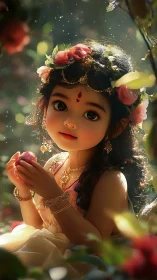 Enchanted child goddess portrait under golden orchard light.