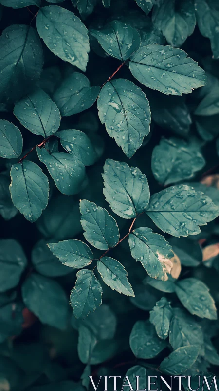 Teal rain-kissed foliage under soft diffused daylight.