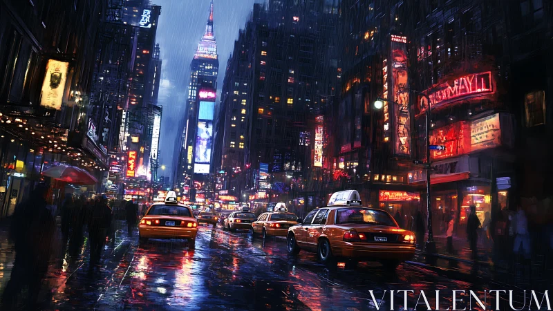 Neon rain turns midnight taxis into moving street lanterns