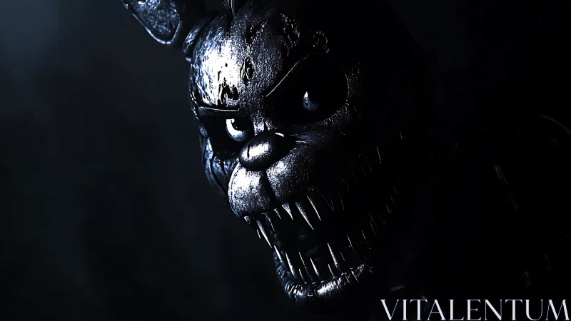 Metallic rabbit animatronic head with bared teeth in darkness.