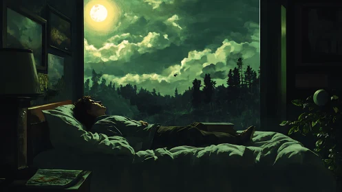 Boy lies awake under moonlit forest sky framed by window