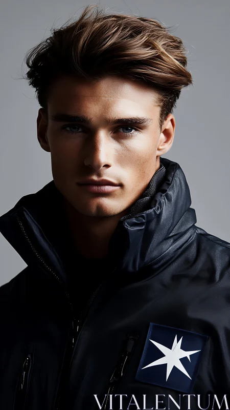 Male model in dark jacket with star patch, studio portrait.