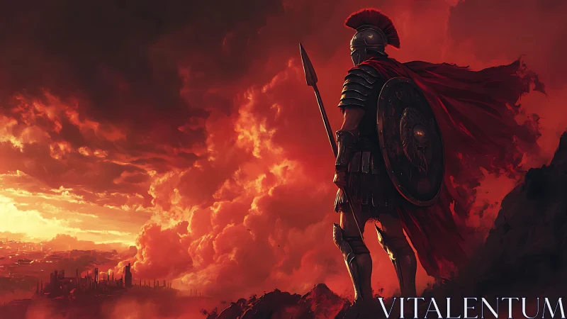 Roman warrior overlooking burning city under bloodred sky.