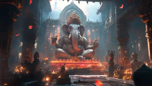 Majestic Ganesha statue glows within fiery temple hall.