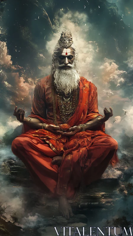 Mystic sage levitates in stormlit clouds with burning calm