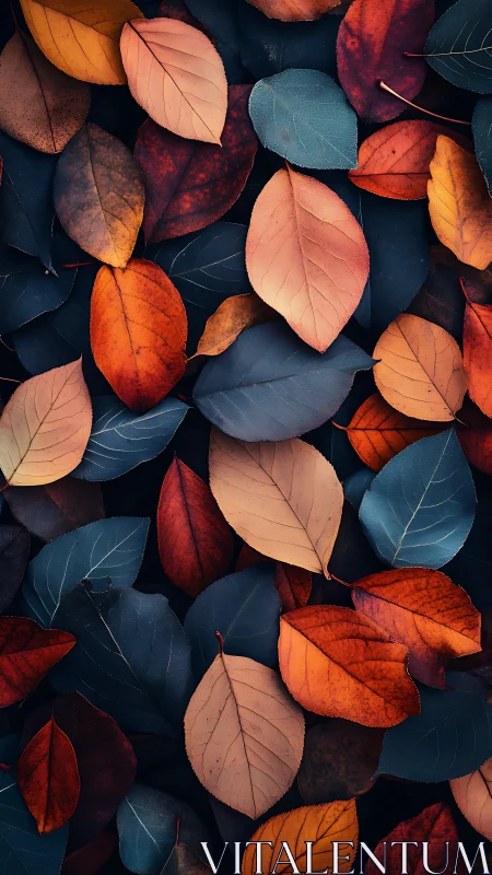 Autumn leaves pattern with deep blue and rust tones.
