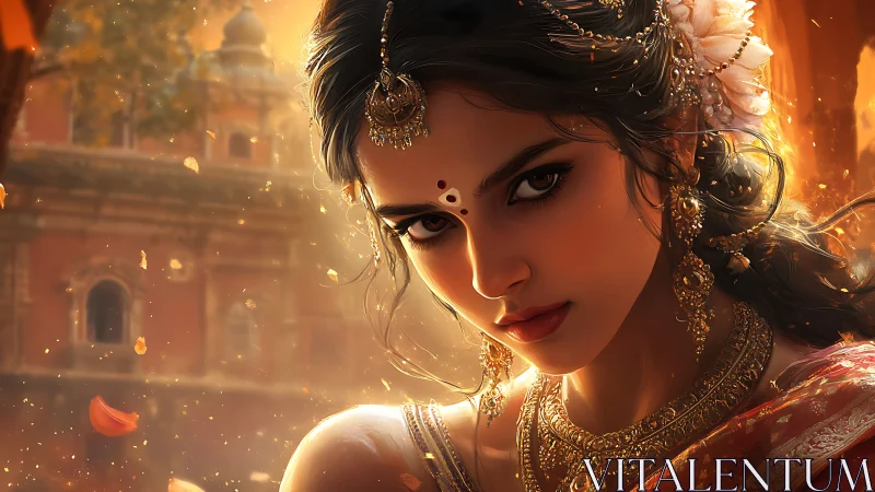 Luminous saree-clad portrait in sunset-particulate bokeh field.