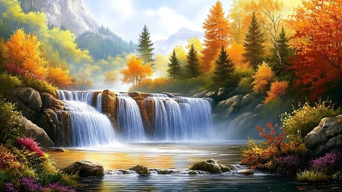 Autumn cascades pour through a sunlit mountain dreamscape.