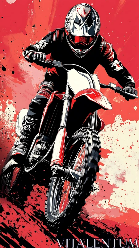 Motocross rider charges forward against splattered red backdrop.