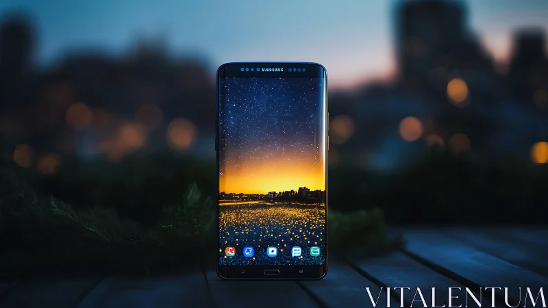 Samsung phone displaying starlit fields with golden sunset horizon and bokeh cityscape.