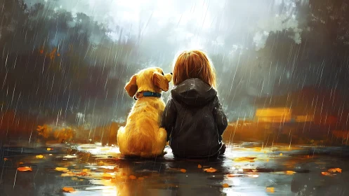 Child and dog share quiet rainstorm reflection moment.