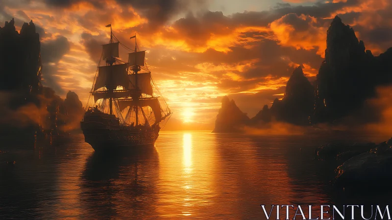 Sailing ship crosses reflective inlet at low sun over ridges