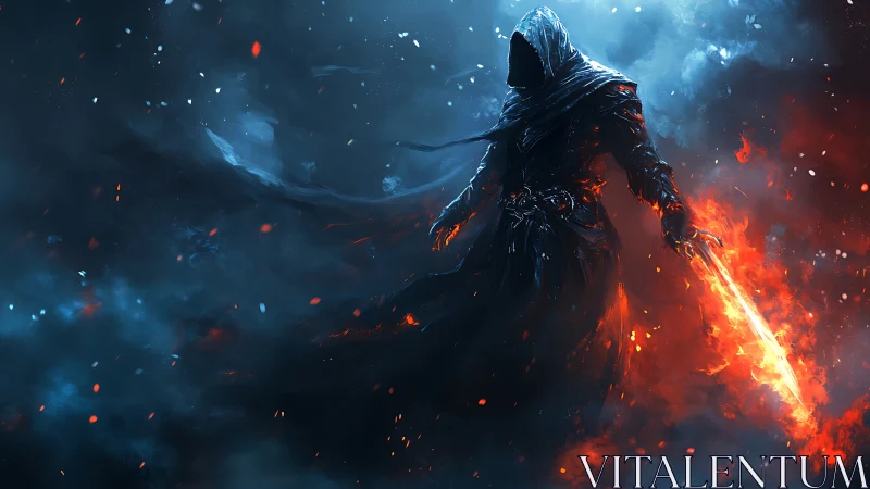 Hooded fireblade wanderer strides through stormlit embers