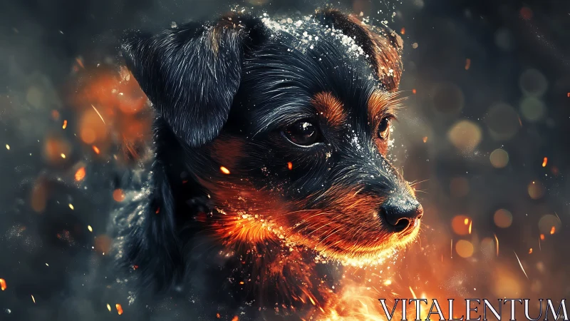 Ember-eyed pup pauses between sparks, ash, and quiet wonder