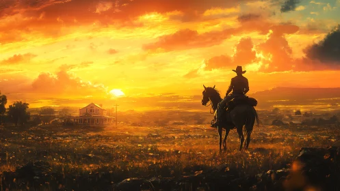 Lone cowboy observes rural homestead under blazing cinematic sunset
