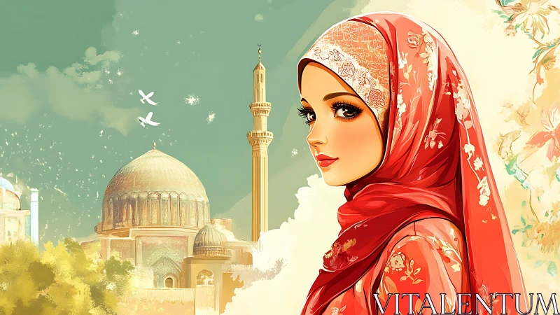 Elegant woman in red hijab with mosque background, digital art style.