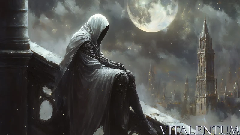 Hooded figure sits on ledge overlooking moonlit gothic city