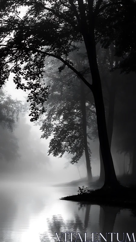 Misty riverside forest unfolds in serene monochrome silence