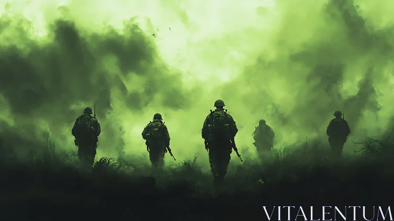Soldiers advance through dense toxic green battlefield fog.