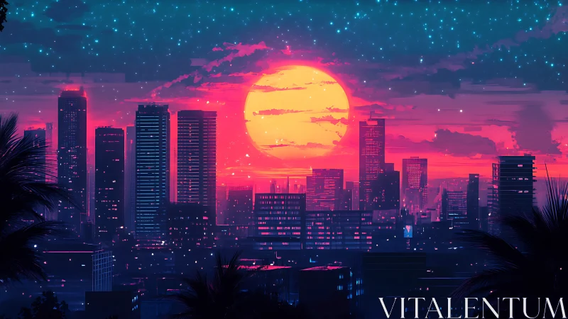 Neon dusk megacity skyline with vaporwave sun composition.