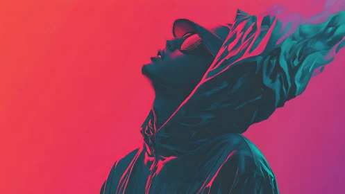 Neon duotone portrait with stylized vapor-trail hood silhouette.