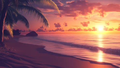 Palm-framed shoreline soaking in sherbet sunset hush.