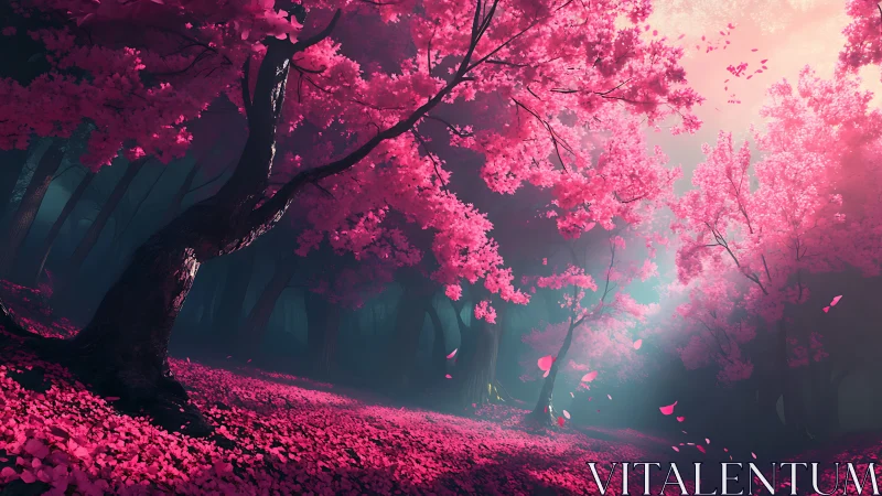 Enchanted cherry blossom forest under ethereal teal light.