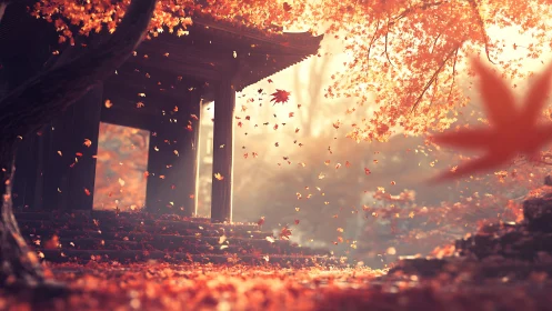 Autumn maple leaves fall around wooden temple gate at sunrise