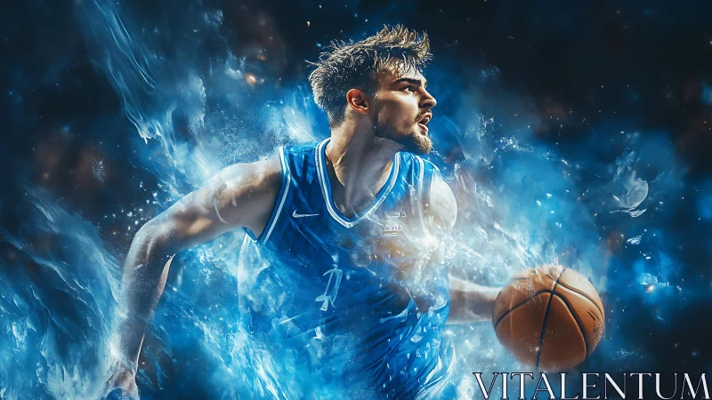 Dynamic blue-lit basketball player in explosive motion portrait.