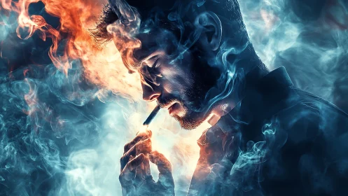 Cinematic digital portrait with dual-tone flame and smoke aura.