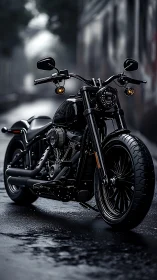 Matte black cruiser motorcycle on wet urban street at dawn.