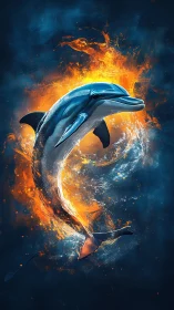 Digital dolphin render intersects fluid fire and water forms