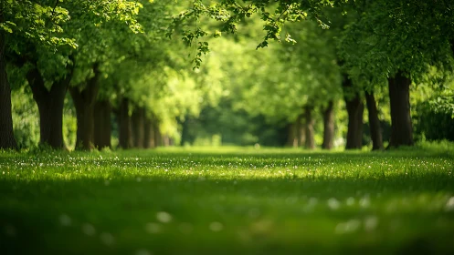 Lush green tree-lined pathway in serene park, natural light landscape.