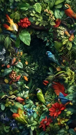 Dense tropical foliage with parrots surrounding dark center.