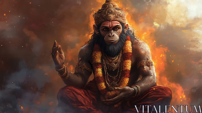 Mythic simian deity figure seated amid diffuse flames.