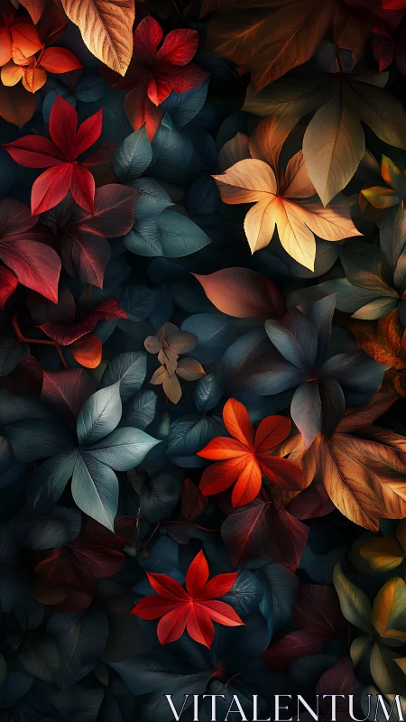Digital foliage composition arranges multicolored leaves densely