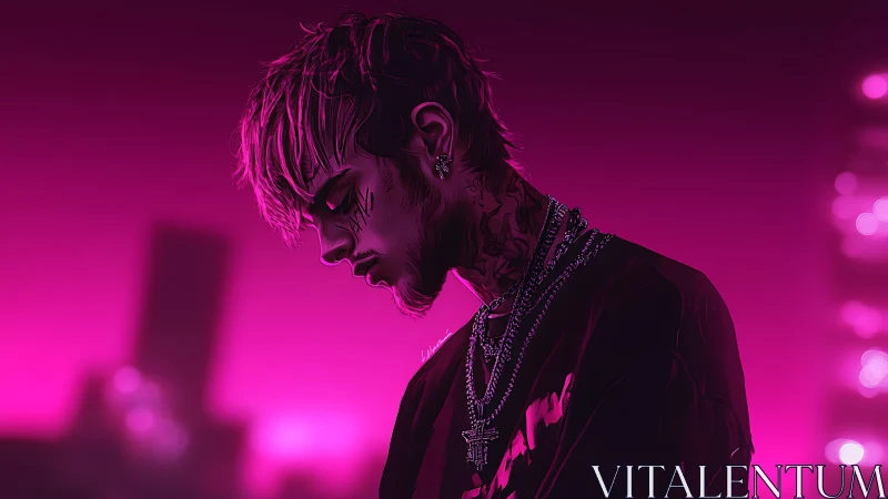 Neon-lit cyberpunk portrait in moody magenta side profile.