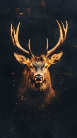 Stag portrait with glowing antlers on dark textured background.
