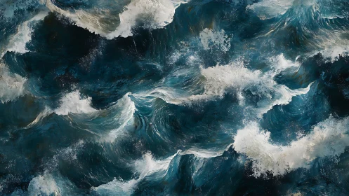 Ocean waves surge in dense overlapping turbulent pattern