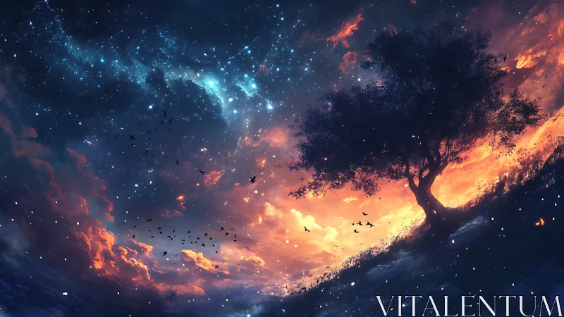 Digital painting of cosmic tree silhouette on burning horizon.