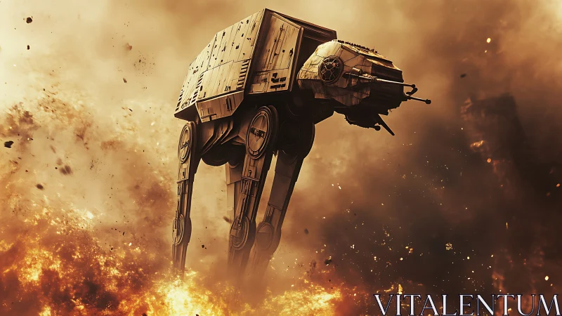 Stomping sci fi walker strides through roaring battlefire.