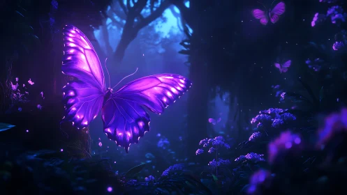 Luminescent violet butterfly hovers in a deep bioluminescent forest