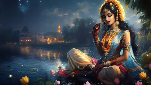 Moonlit goddess rests by a quiet river in gentle reflection