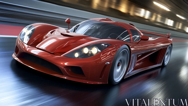Crimson hypercar streaking through a neon tunnel sprint.