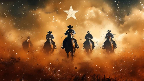 Cowboys on horseback charge through dust under star.
