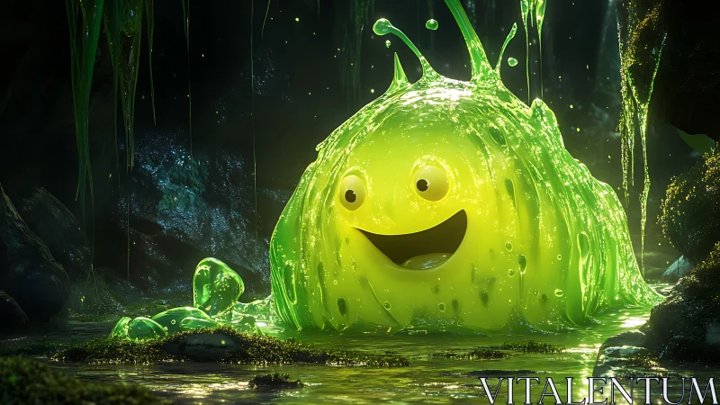 Glowing slime creature smiles inside bioluminescent cave.